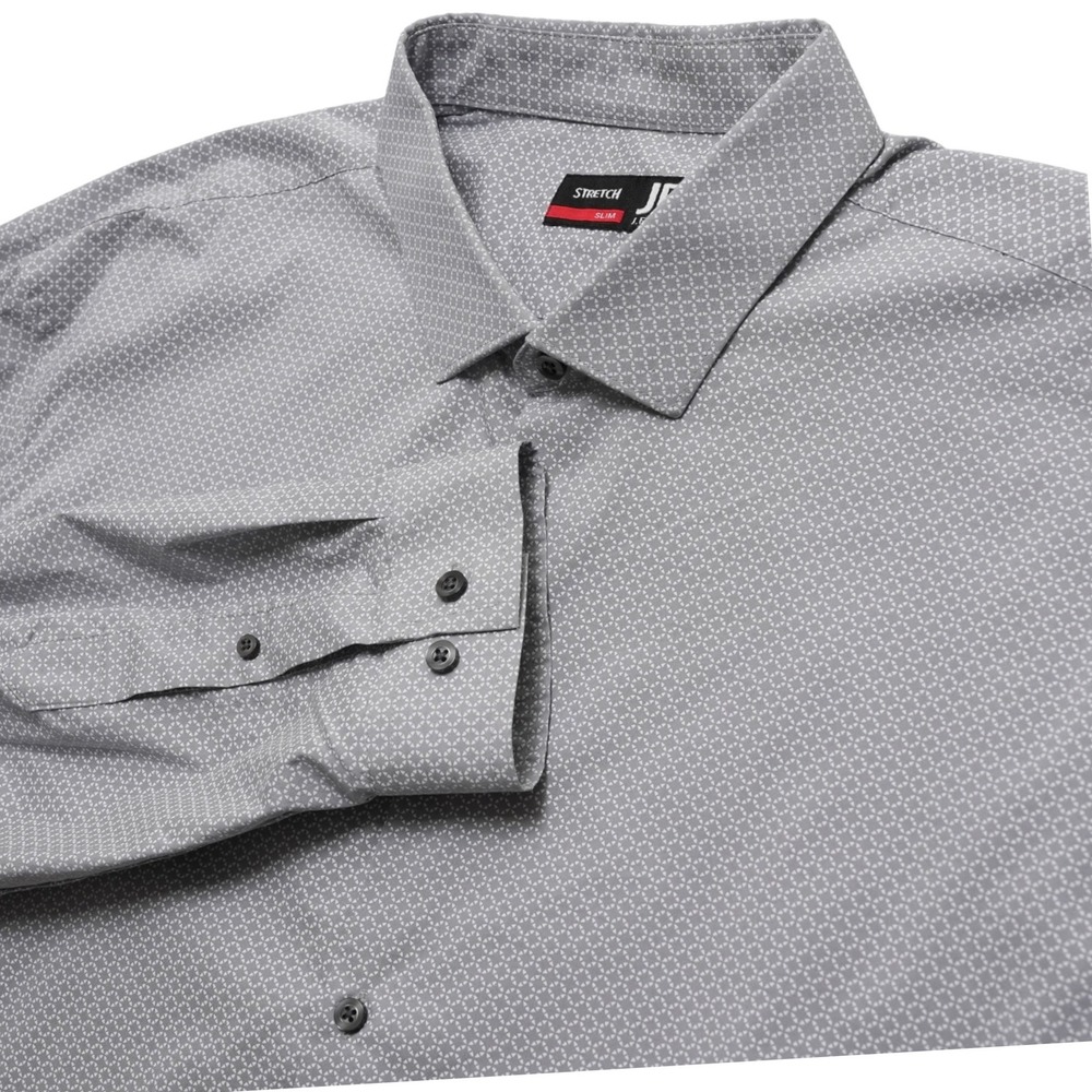 J Ferrar Mens XXL 18 34-35 Gray Slim Fit Stretch Shirt‎ Geometric Print